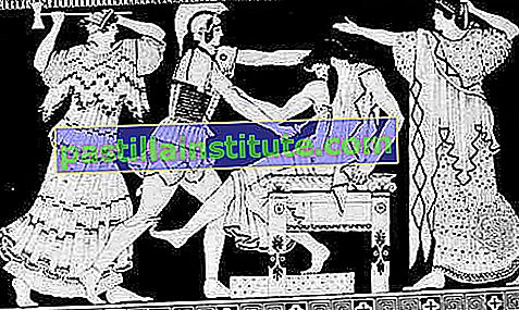 Electra och Orestes dödade Aegisthus i närvaro av sin mor, Clytemnestra;  detalj av en grekisk vas, 500-talet f.Kr.