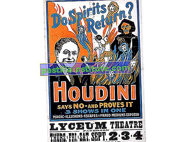 Une affiche Harry Houdini promeut une représentation théâtrale pour discréditer le spiritisme.