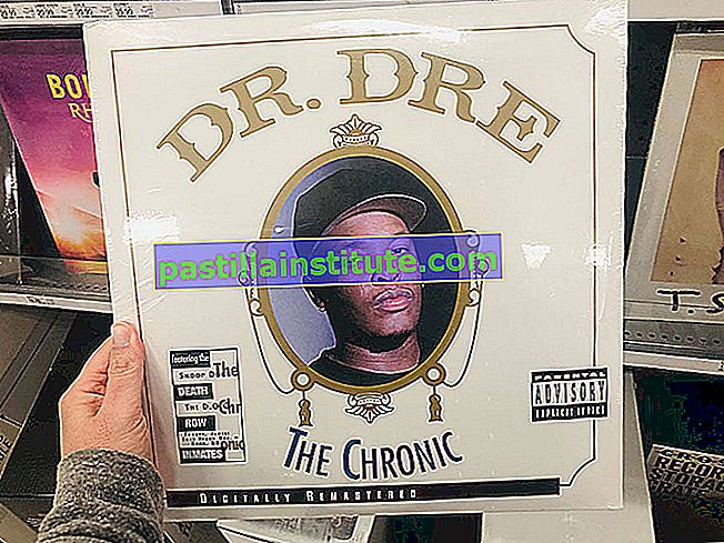 11 април 2019 г. - Минеаполис, Минесота: Женска кавказка ръка държи албум с винил на Dr. Dre The Chronic, докато пазарува в магазин за дребно, класически ретро албум за гангстерски рап от 90-те