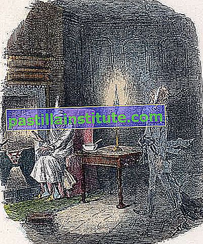 Призракът на Джейкъб Марли (вдясно) на посещение при бившия си бизнес партньор Ебенезер Скрудж;  илюстрация от Джон Лийч за „Коледна песен“ на Чарлз Дикенс (1843).