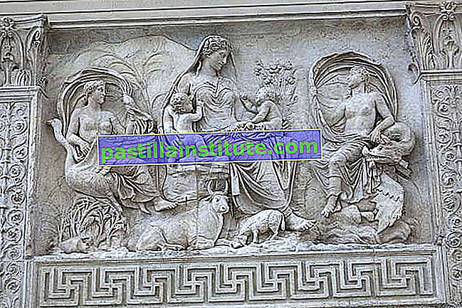 Mère Terre avec air et eau, relief en marbre sur le mur extérieur est de l'Ara Pacis à Rome, Italie, 13 av.  Hauteur 1,57 m.