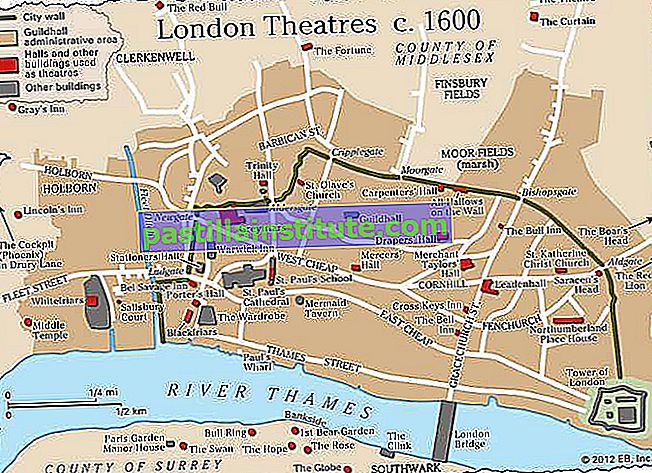 mapa dos teatros de Londres c.  1600