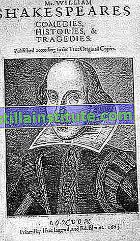 Заглавна страница на Първия фолио, първото публикувано издание (1623) на събраните творби на Уилям Шекспир;  първоначално е озаглавен „Комедии, истории и трагедии“ на г-н Уилям Шекспиър.