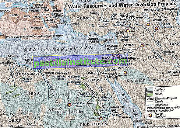 Водни ресурси и проекти за пренасочване на вода в страни от региона на Близкия изток и Северна Африка. Тематична карта.