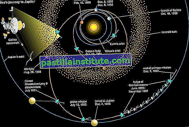 Пътуване на космическия кораб „Галилео“ до Юпитер.  Многократната гравитационна асистираща траектория на Галилей включва три планетни мухи (Венера веднъж и Земя два пъти), две преминавания в астероидния пояс и случайна гледка към сблъсъка на кометата Шумейкър-Леви 9 с Юпитер.