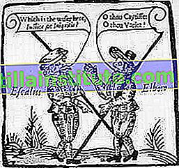 El magistrado Escalus y el alguacil Elbow se encuentran en medida por medida, xilografía, principios del siglo XVII.