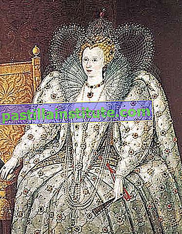 Ratu Elizabeth dari Inggris, memperlihatkan ratu yang didandani dalam gaya Renaisans dengan kalung dan liontin mutiara serta serangkaian kalung yang lebih panjang, potret dalam minyak oleh seniman Inggris yang tidak dikenal, abad ke-16;  di Istana Pitti, Florence.