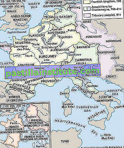 L'impero carolingio e le divisioni (inset) dopo il Trattato di Verdun, 843.