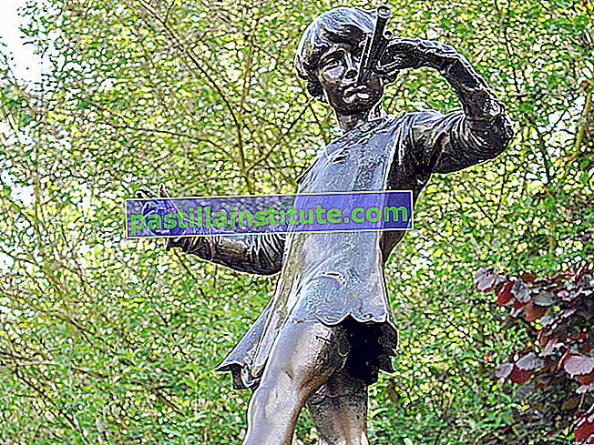 Patung Peter Pan di Kensington Gardens. Patung itu menunjukkan anak laki-laki yang tidak akan pernah tumbuh dewasa, meniup tanduknya di tunggul pohon bersama peri, London. dongeng