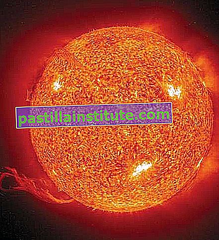 Matahari dicitrakan dalam sinar ultraviolet ekstrim oleh satelit Solar and Heliospheric Observatory (SOHO) yang mengorbit Bumi. Letusan besar berbentuk lingkaran terlihat di kiri bawah. Area yang hampir putih adalah yang terpanas; merah tua menunjukkan suhu yang lebih dingin.