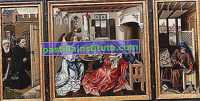 Mérode Altarpiece, juga disebut The Annunciation Triptych, minyak pada panel kayu, oleh Robert Campin, c.  1425;  di Cloisters, New York City.