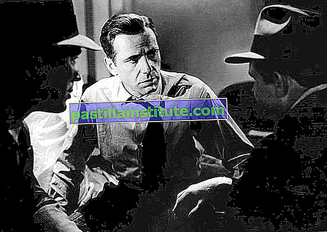 Хъмфри Богарт (в средата) с Уорд Бонд и Бартън Маклейн в „Малтийският сокол“ (1941), режисиран от Джон Хюстън.
