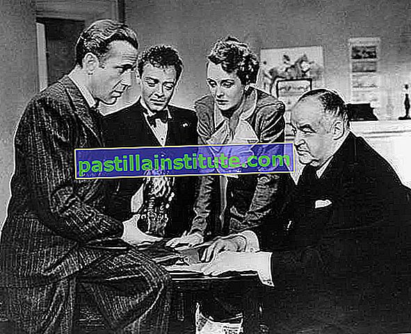 (Kiri ke kanan) Humphrey Bogart sebagai Sam Spade, Peter Lorre sebagai Joel Cairo, Mary Astor sebagai Brigid O'Shaughnessy, dan Sydney Greenstreet sebagai Kasper Gutman dalam novel Dashiell Hammett versi film tahun 1941.