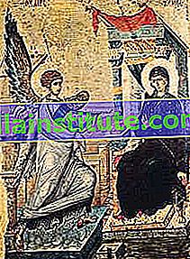 „Благовещение“, реверс на двустранно рисувана икона на панел от Константинопол, началото на 14 век;  в музея на Скополие, Скопие, Македония