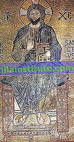 Cristo entronizado como Señor de Todo (Pantocrátor), con las letras explicativas IC XC, abreviatura simbólica de Iesus Christus;  Mosaico del siglo XII en la Capilla Palatina, Palermo, Sicilia.