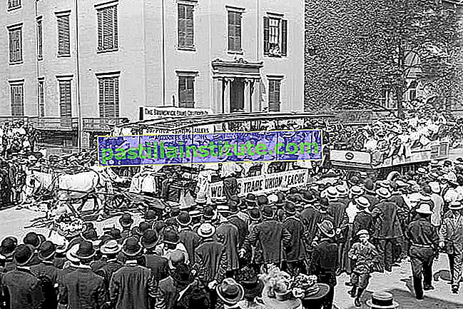 Liga Kesatuan Sekerja Wanita melayang dalam perarakan Hari Pekerja, New York City, 1908.