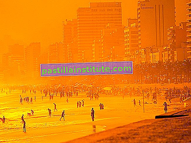 Плаж.  Пясък.  Океан.  Ваканция.  Сънсет хвърля оранжев блясък над плажа Ипанема, Рио де Жанейро, Бразилия.