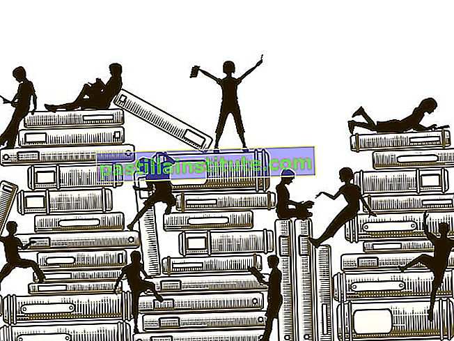 Illustrazione di sagome arrampicata e seduto su pile di libri.  Lettura.  Formazione scolastica.